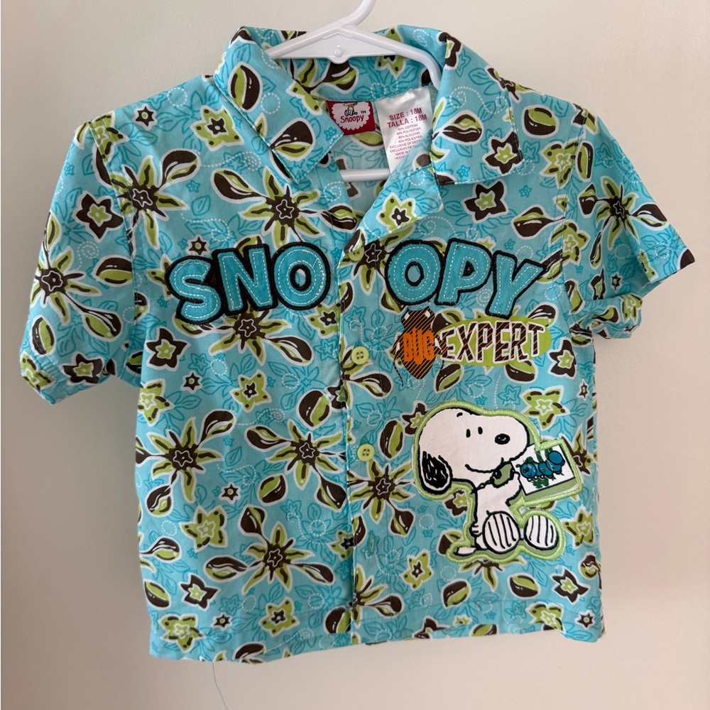Snoopy Kids Button Down Shirt - Blue Floral